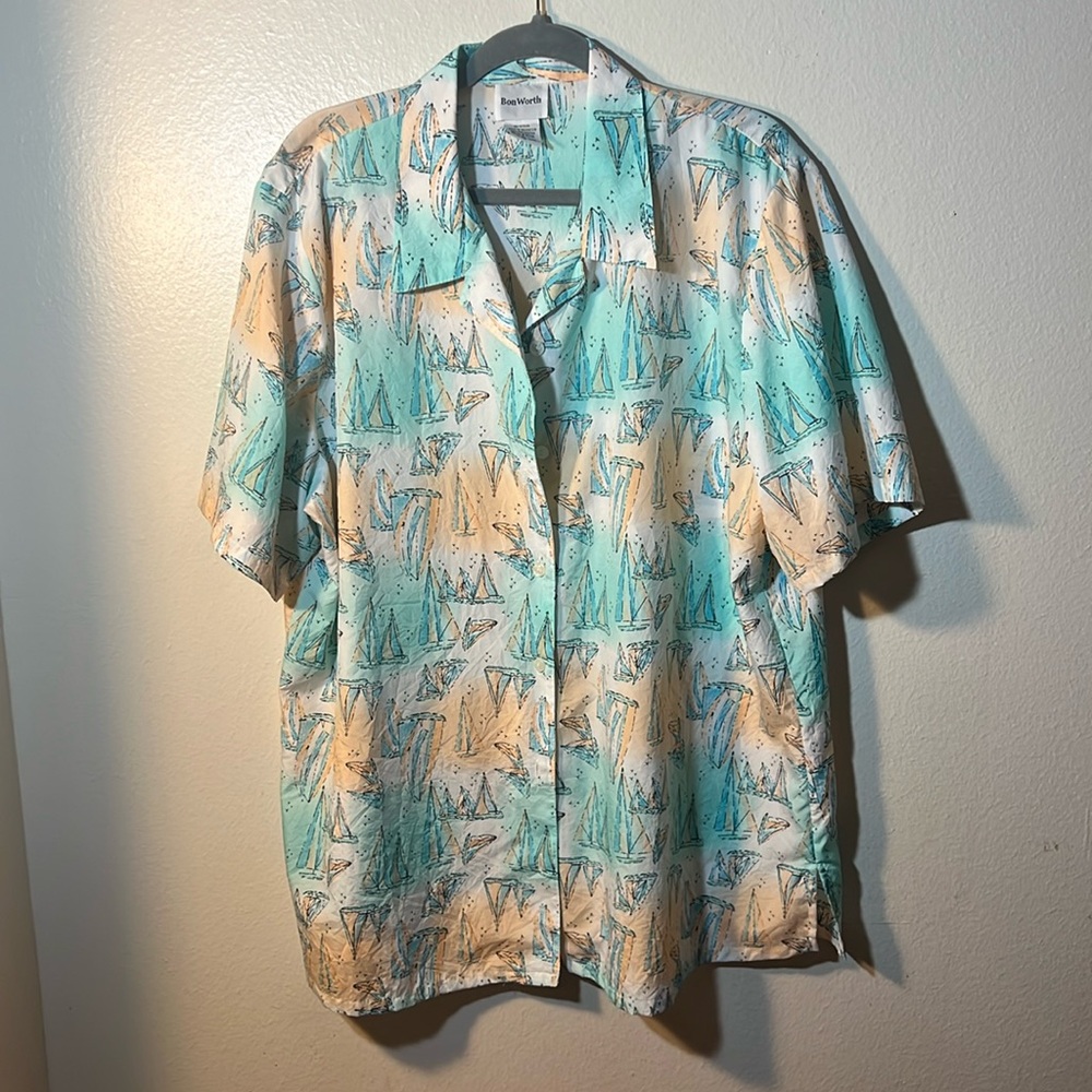 Vintage Bon Worth orange Turquoise Sailboats Print Beach Button Up XL